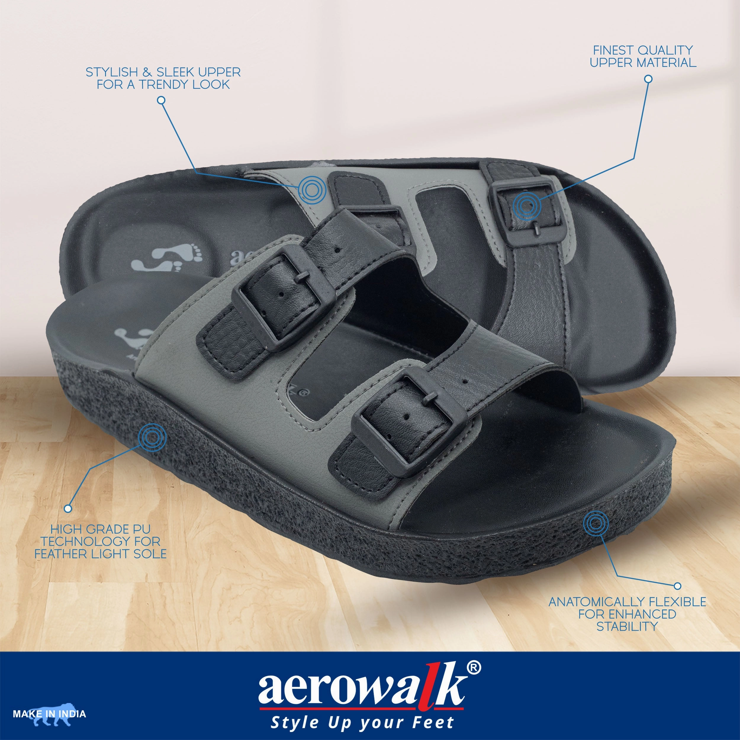 Männer Pantoffeln Schafswolle Aerowalk Men Black and Grey Mule Shape Slipper with Double Buckle Styling (KC31_BLK GRY)