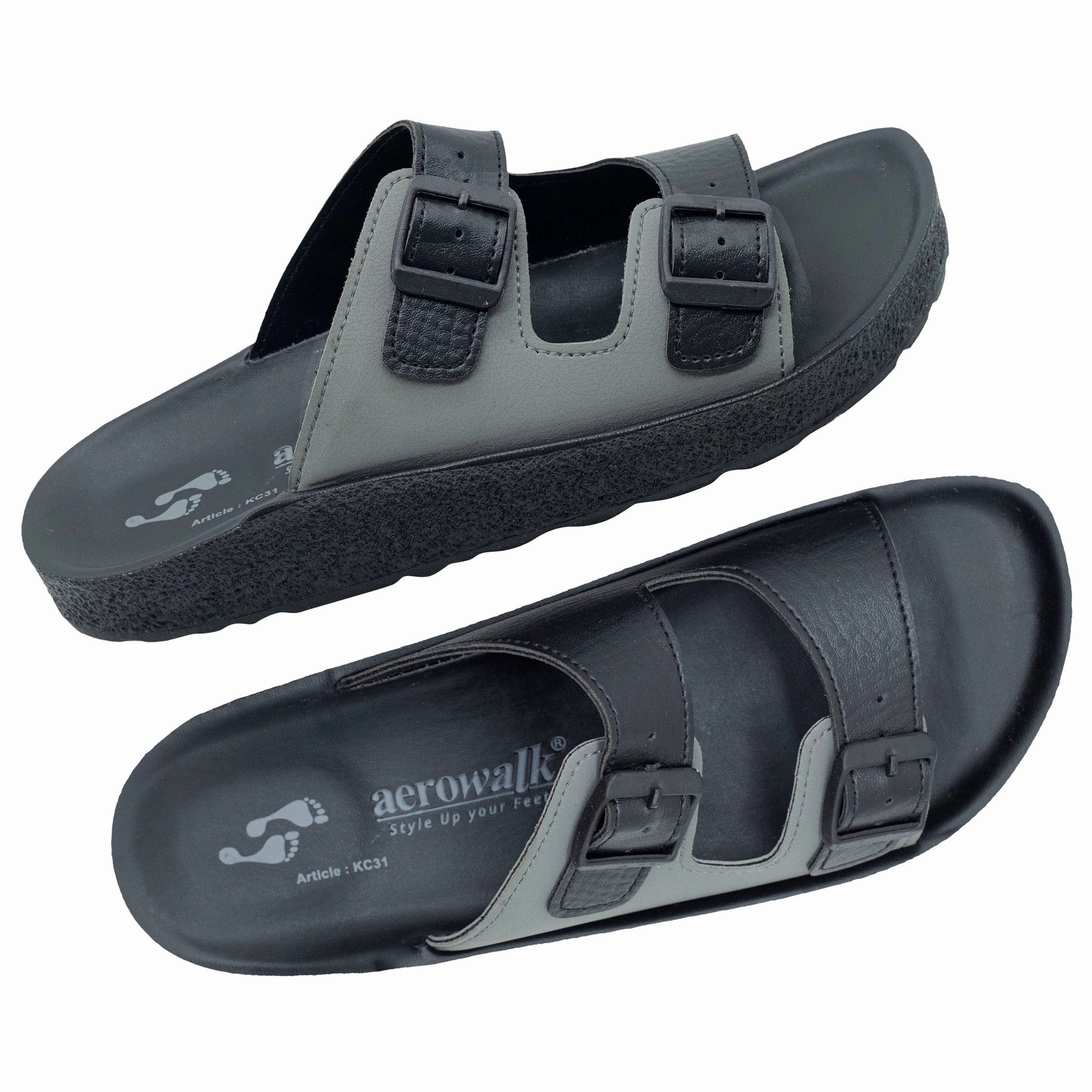 Classic Pantoffeln Aerowalk Men Black and Grey Mule Shape Slipper with Double Buckle Styling (KC31_BLK GRY)