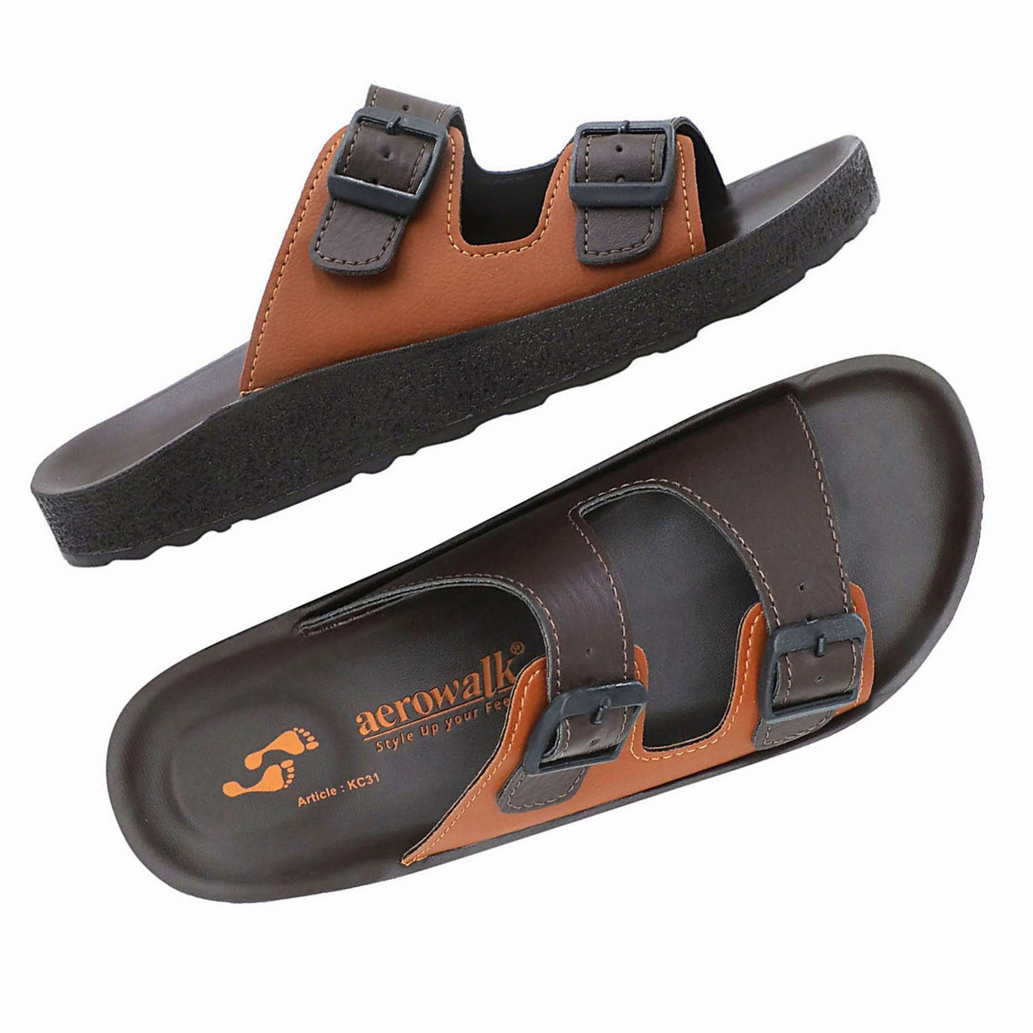 Aerowalk Men Brown & Tan Mule Shape Slipper with Double Buckle Styling (KC31_BROWN TAN) Pantoffeln Mit Gummisohle