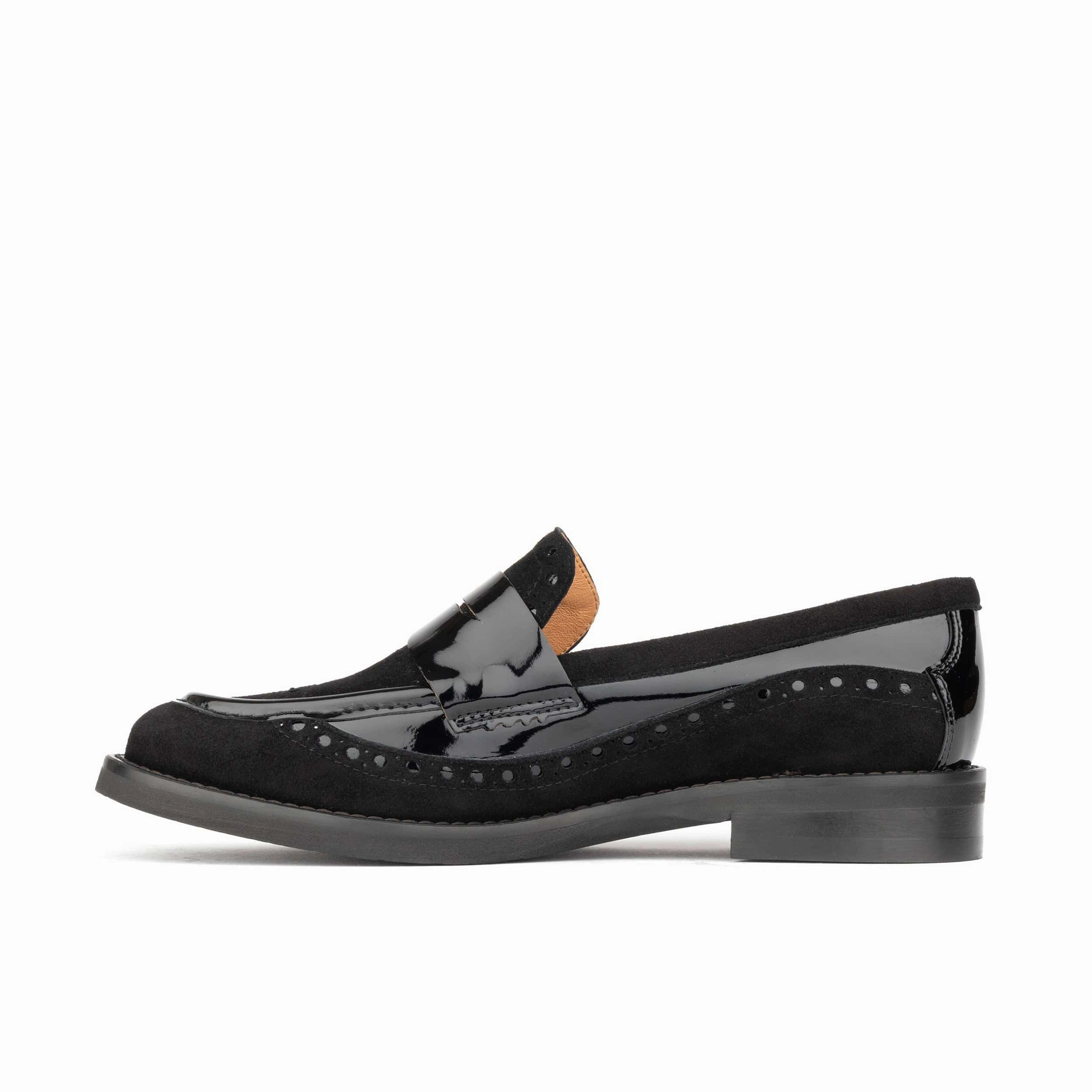 Angelina - Black - Women's leather almond toe penny loafer with broguing Bandana Loafers