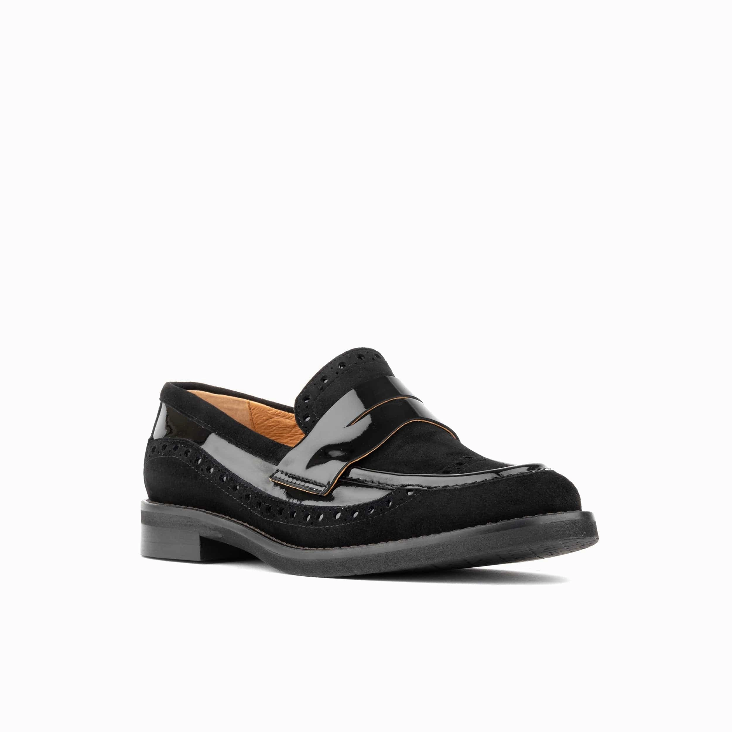 Loafers For Big Feet Angelina - Black - Women's leather almond toe penny loafer with broguing