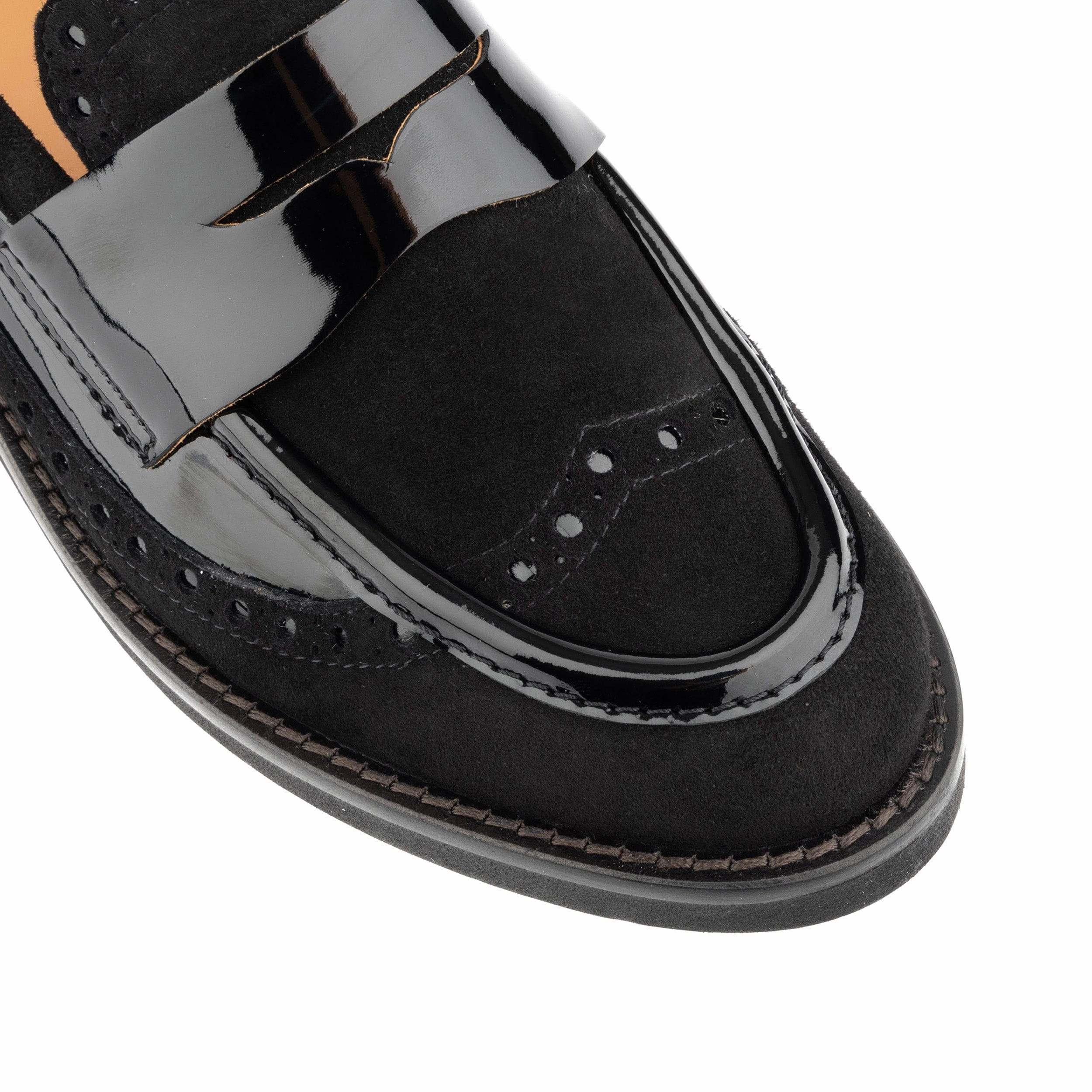 Angelina - Black - Women's leather almond toe penny loafer with broguing Peace Love Loafers