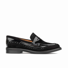 Alternative Loafers Angelina - Black - Women's leather almond toe penny loafer with broguing