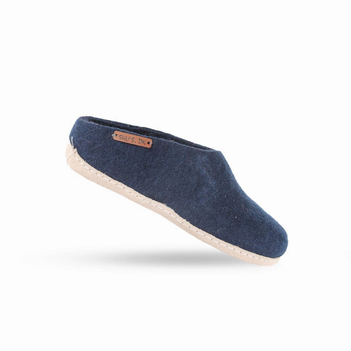 Wollpantoffel (100% reine Wolle) - Modell Blau mit Sohle aus Leder Pantoffeln Im Klassenraum