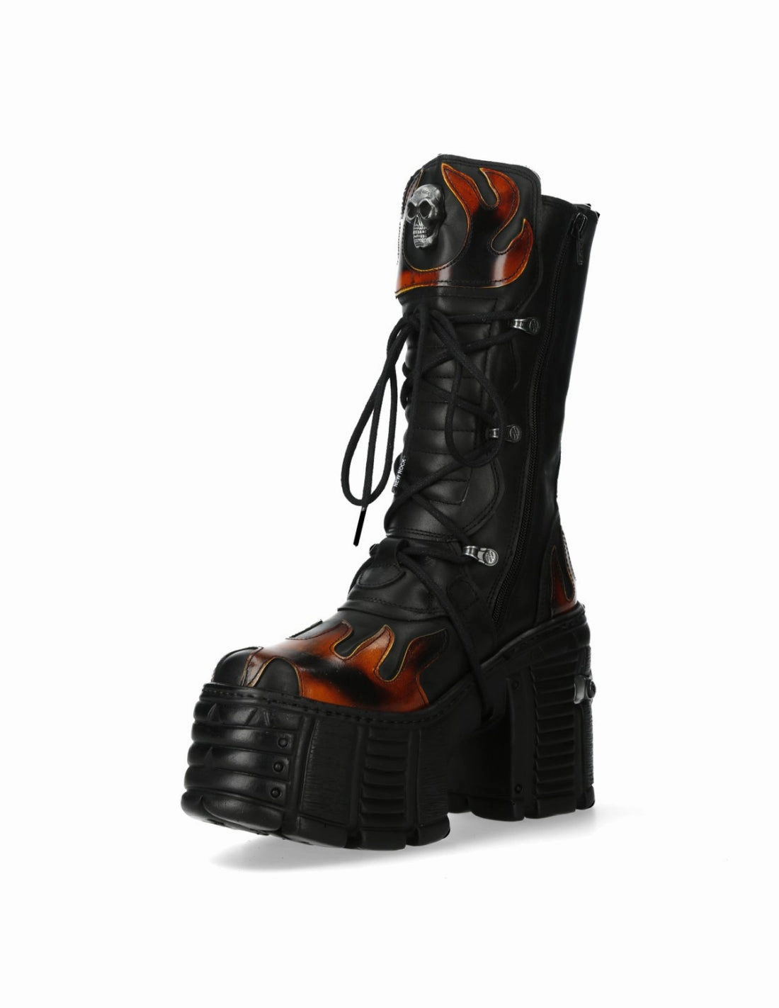 New Rock M-TM543-C1 Plateau Echtleder Boots Schwarz MAX Flammen Stiefel Geraffter Schaft