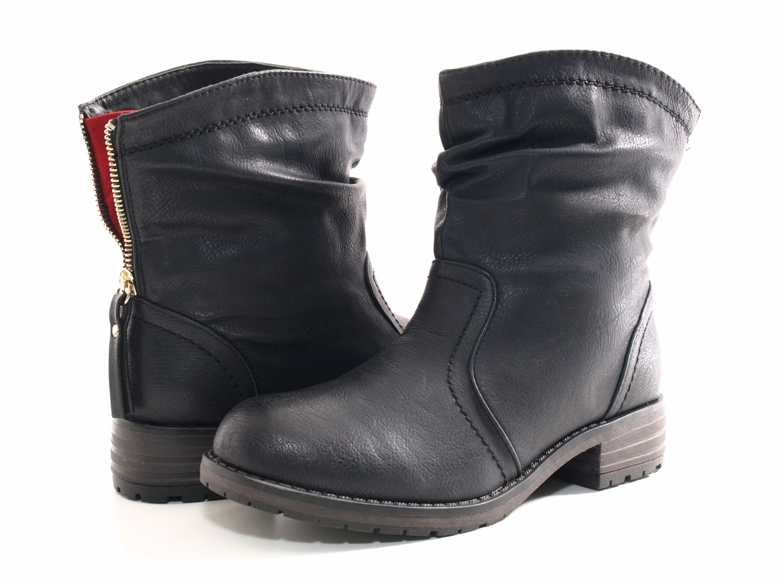 Damen Schlupf Stiefeletten Biker Boots Outdoor Winterboots warm gefttert Black # 032 Leder Schnür Stiefeletten