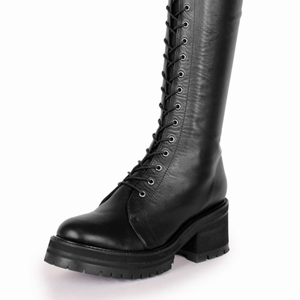 Lack High Heels Stiefel Overkneestiefel im Combat/Gothic-Style (Modell 670) Leder schwarz
