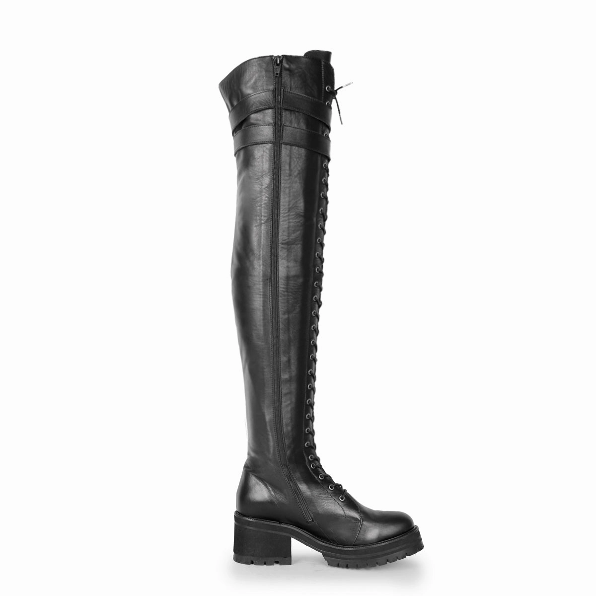 Overkneestiefel im Combat/Gothic-Style (Modell 670) Leder schwarz Fifth Avenue Stiefel
