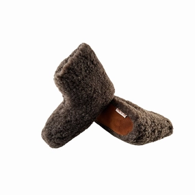 Flauschige Wollstiefel (100% reine Wolle) - Modell Braun mit Sohle aus Leder Holz Pantoffeln