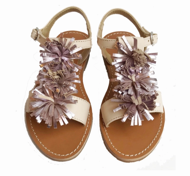 Marie Morenz Sandale 10056 Creme mit Pompoms Sabot Sandalen