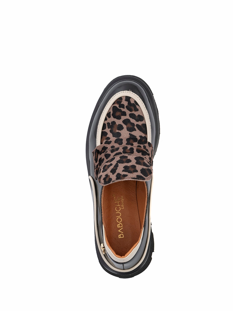 Watanabe Loafers Evita | Chunky Loafer Black/Off White/Camel Leopard