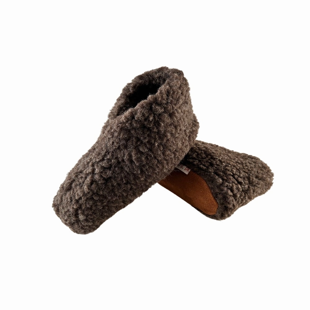 Hello Kitty Pantoffeln Flauschige Wollhausschuhe (100% reine Wolle) - Modell Braun mit Sohle aus Leder