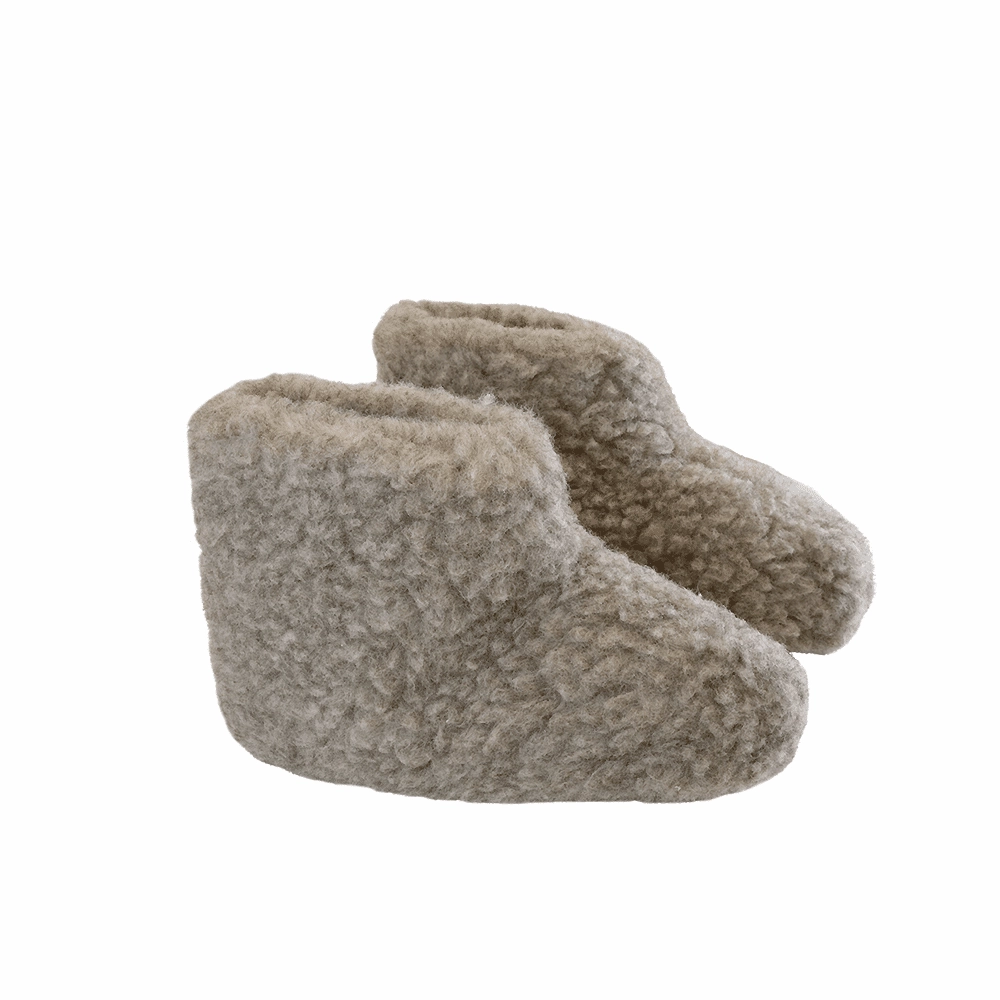 Flauschige Wollstiefel (100% reine Wolle) - Modell Grau mit Sohle aus Leder Einhorn Pantoffeln Hausschuhe