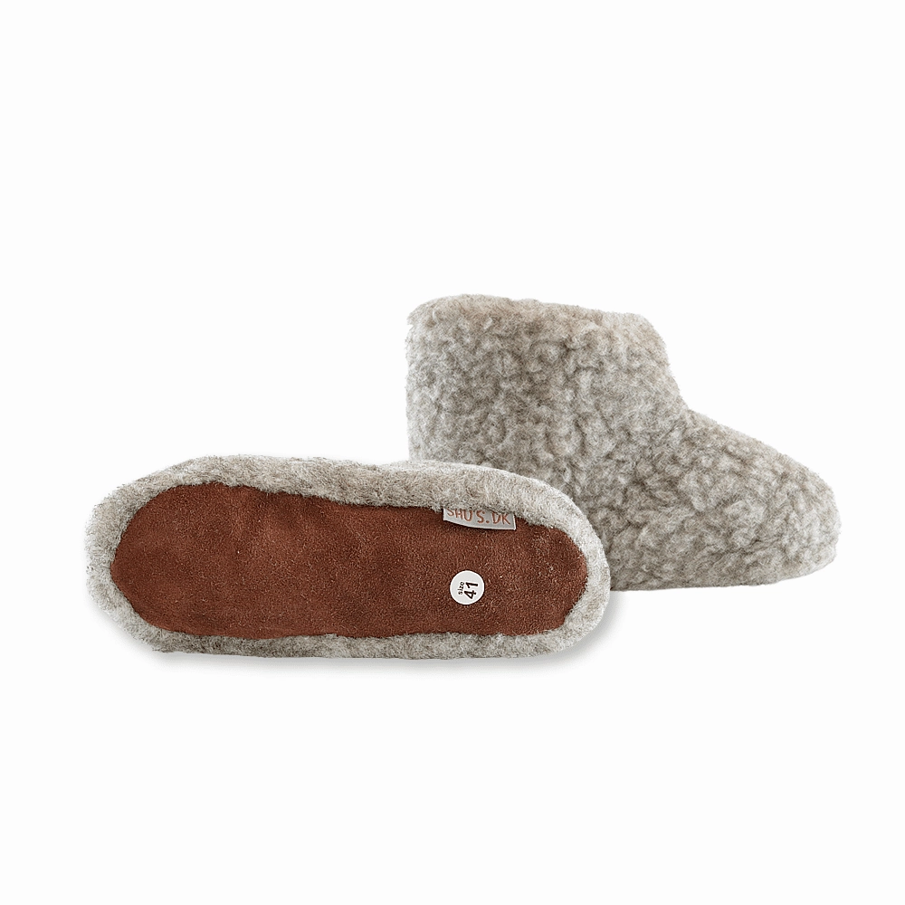 Pantoffeln Next Dino Flauschige Wollstiefel (100% reine Wolle) - Modell Grau mit Sohle aus Leder