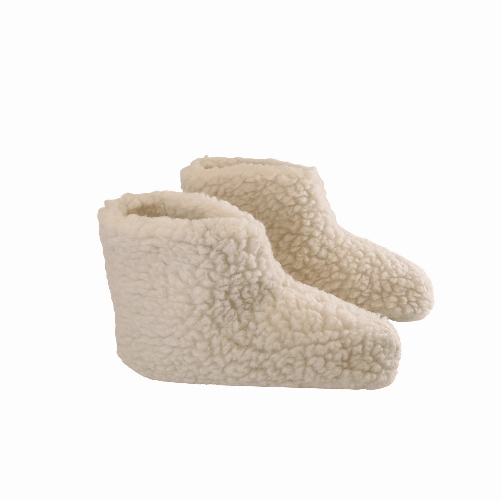 Panzer Pantoffeln Flauschige Wollstiefel (100% reine Wolle) - Modell Weiss mit Sohle aus Leder