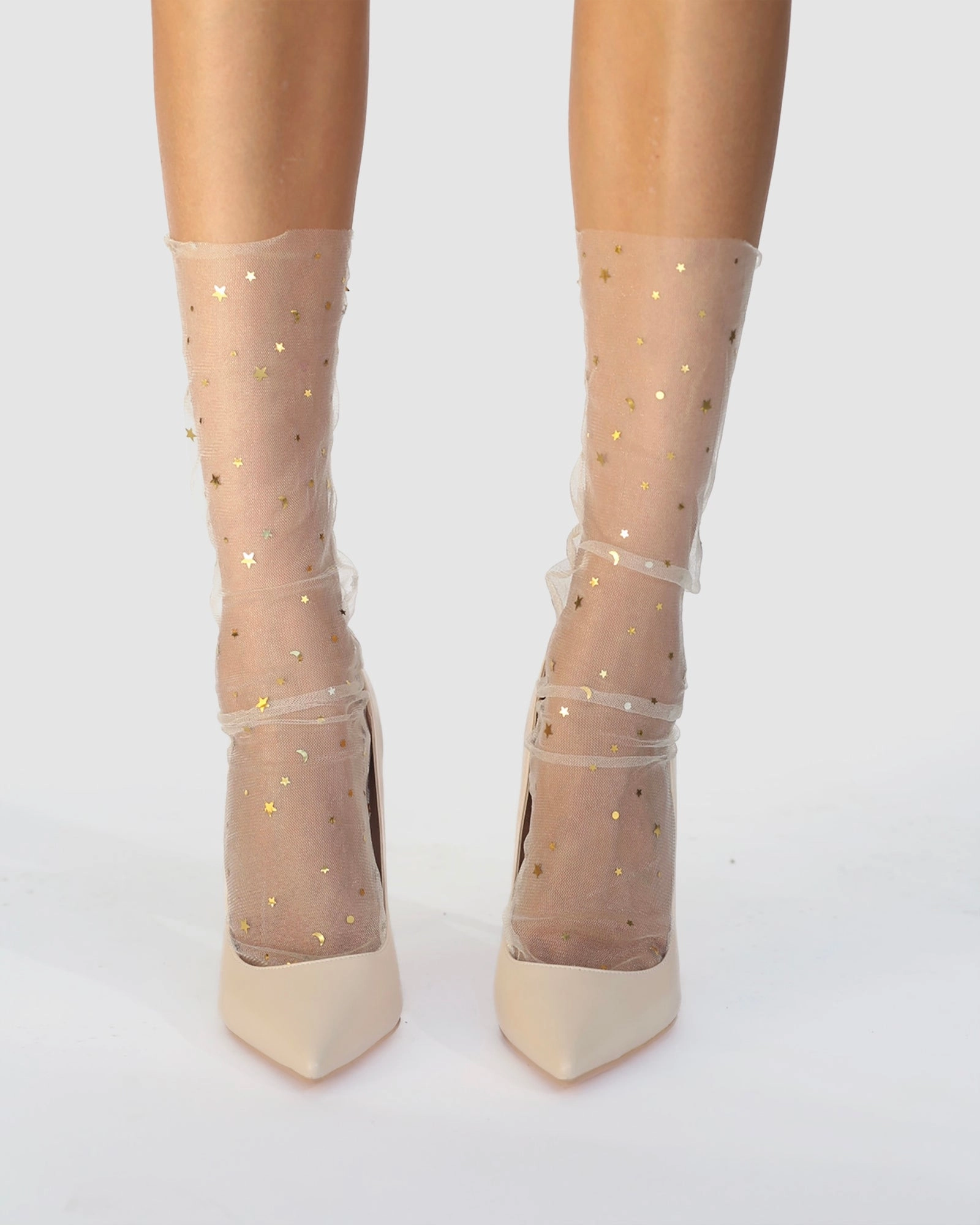 Peep Toe High Heels Starry Sky Tulle Socks - Nude/Gold