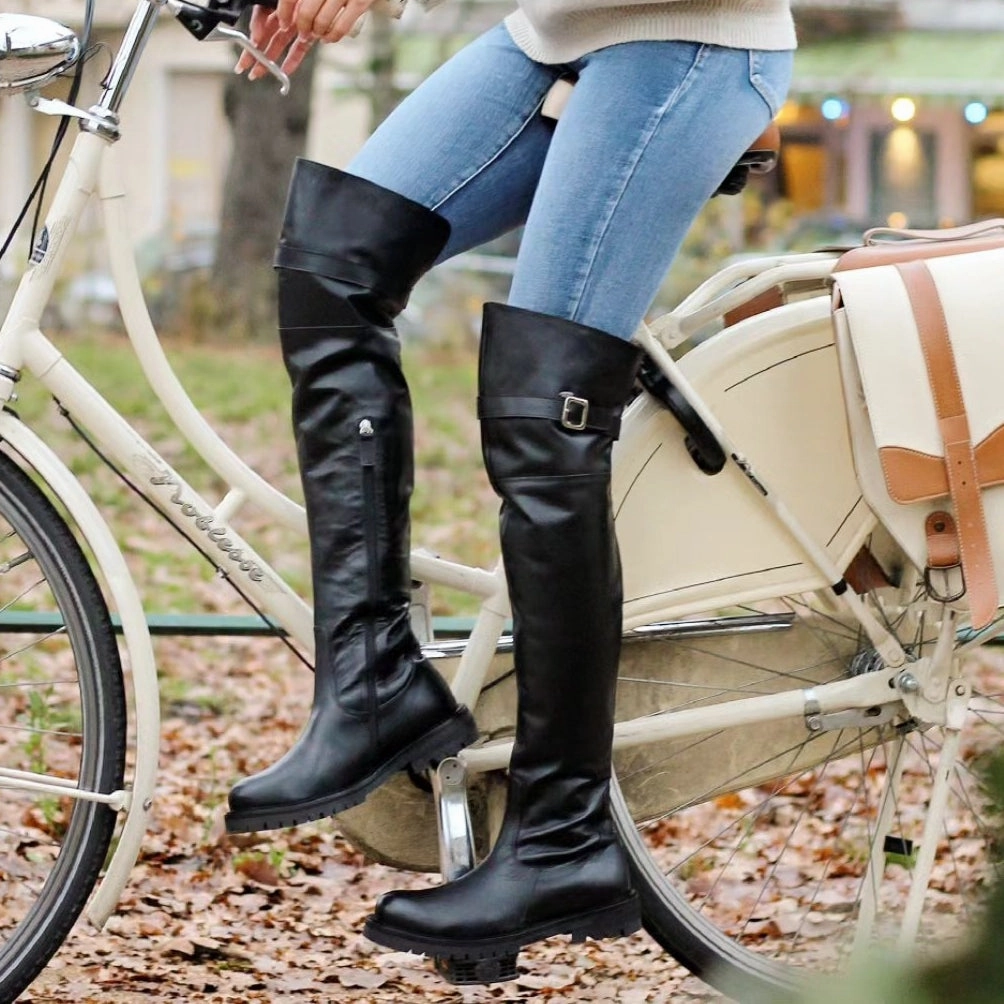 Overkneestiefel mit Profilsohle und Schnalle (Modell 350) Leder schwarz Empodium Stiefel