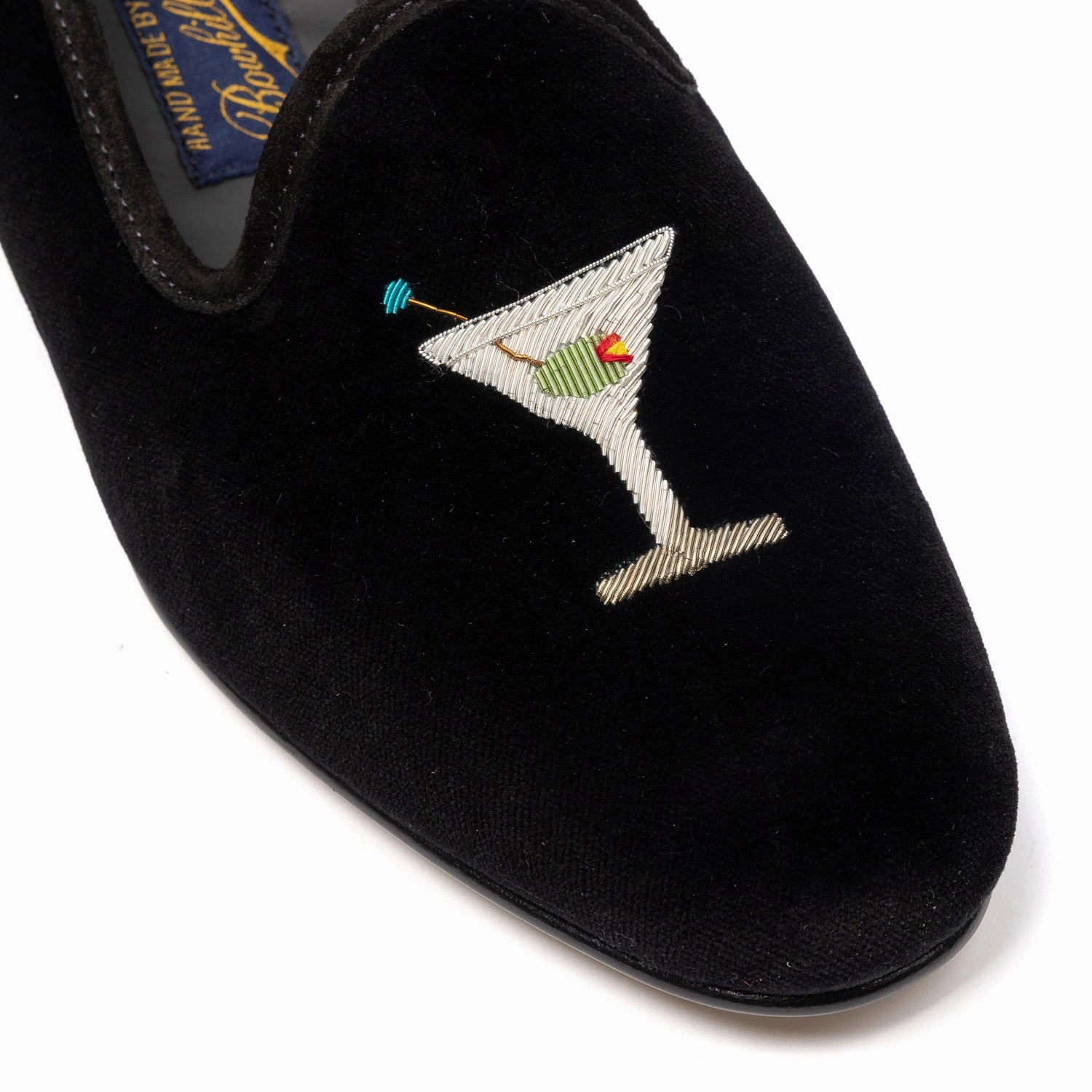 Schwarzer Venetian-Samtslipper "Martini Cocktail" mit Ledersohle Unter Den Pantoffeln Stehen