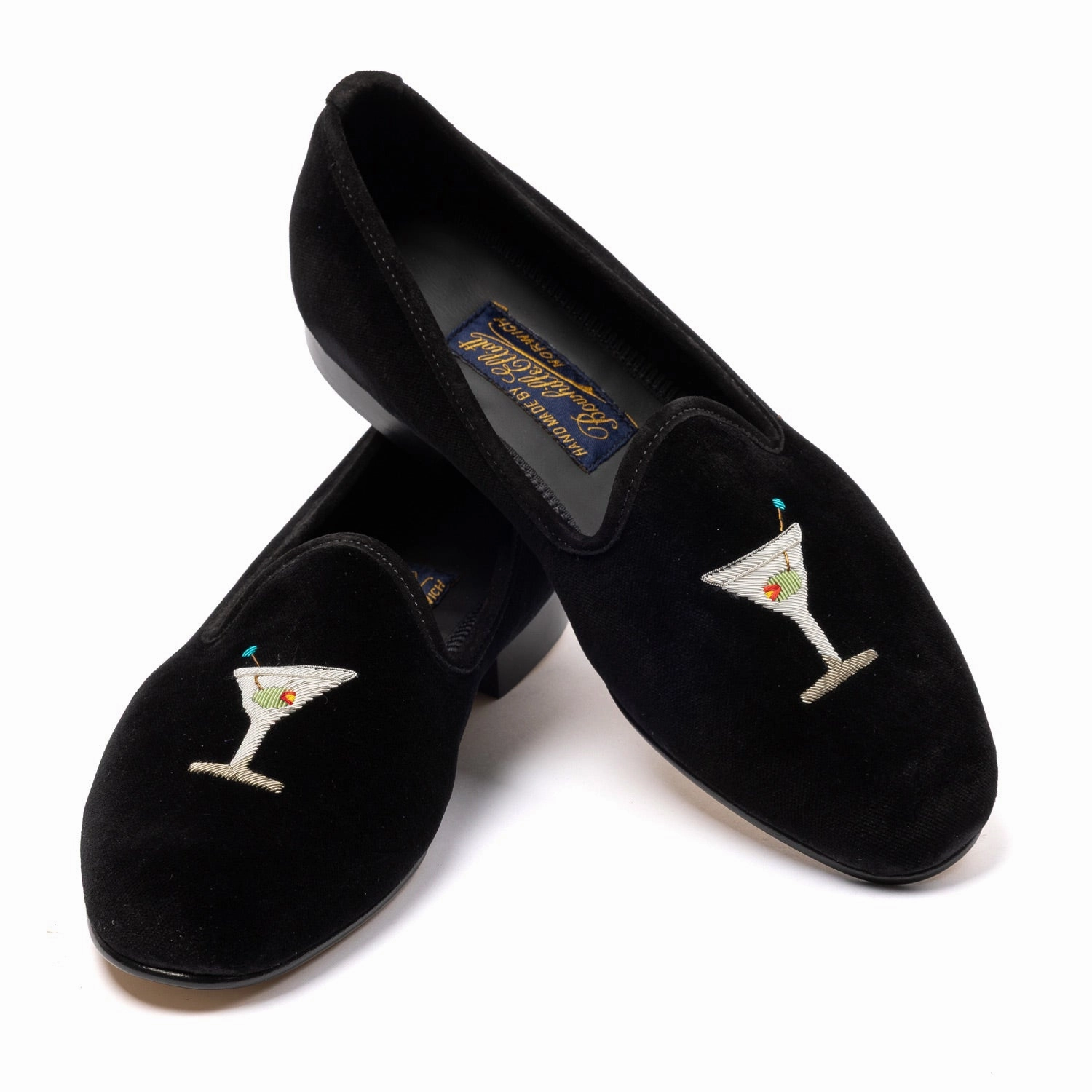 Pantoffeln Stoff Schwarzer Venetian-Samtslipper "Martini Cocktail" mit Ledersohle