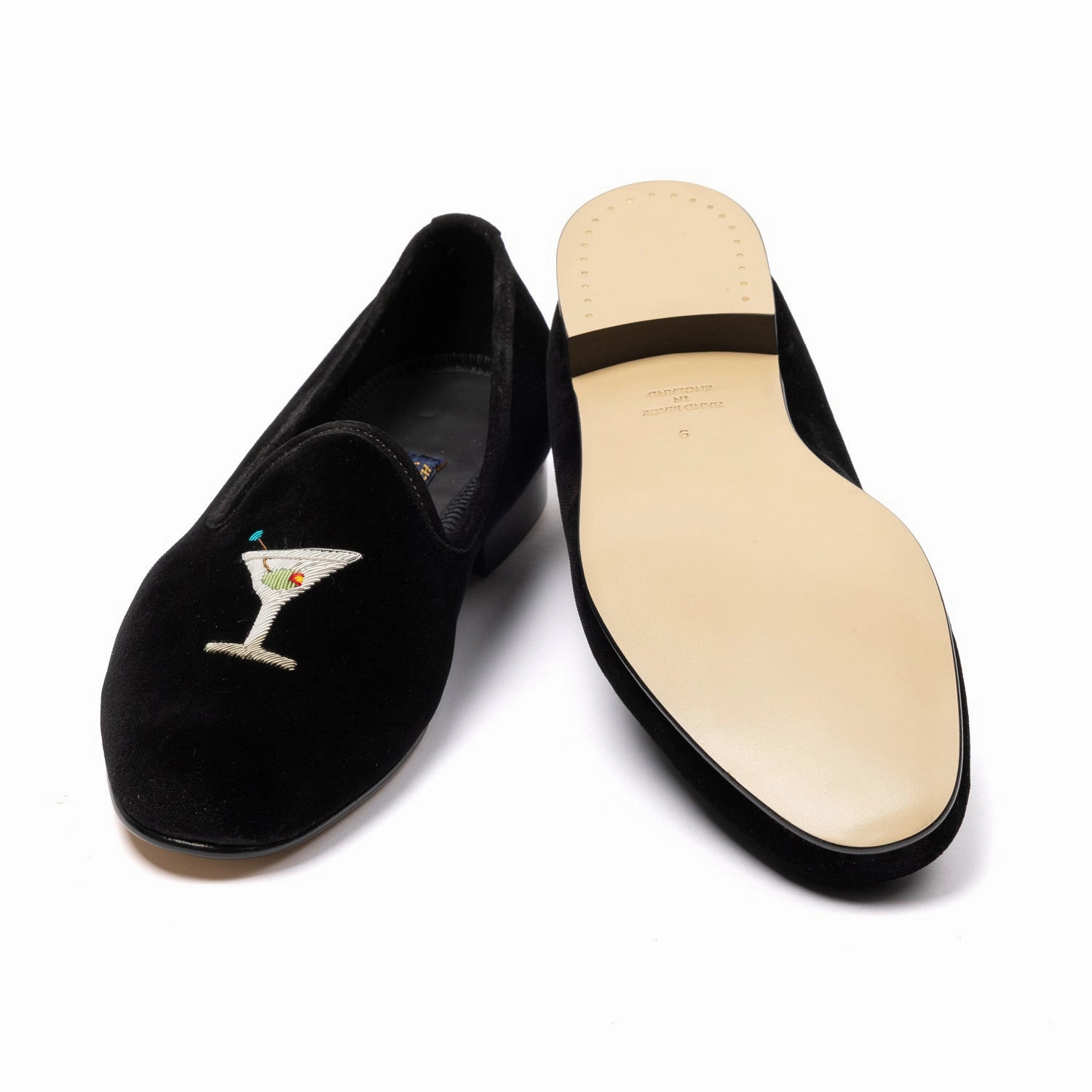 Schwarzer Venetian-Samtslipper "Martini Cocktail" mit Ledersohle Pantoffeln Mit Wechselfußbett