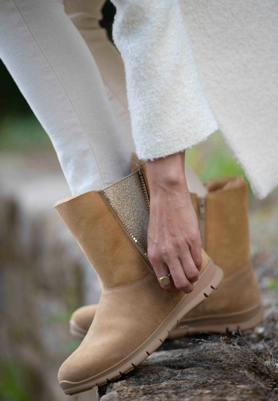 molliger Lammfellstiefel Veloursleder Stiefeletten Schlupfstiefeletten