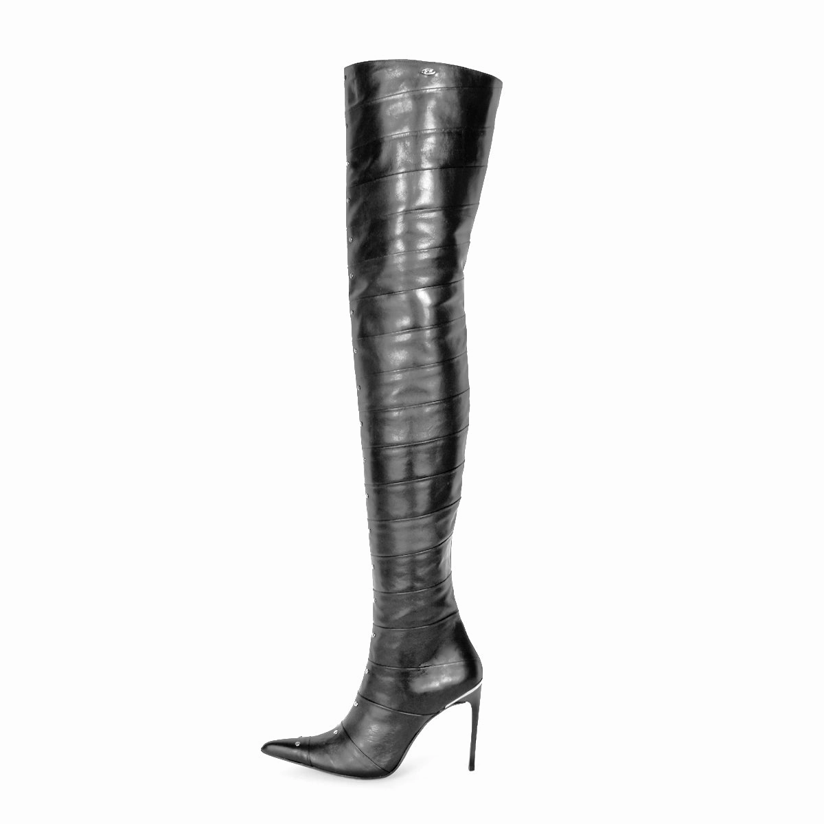 Stiefel Turnschuhe Thigh High Stiefel aus segmentiertem Leder und Stiletto Heels (Modell 160) Leder schwarz