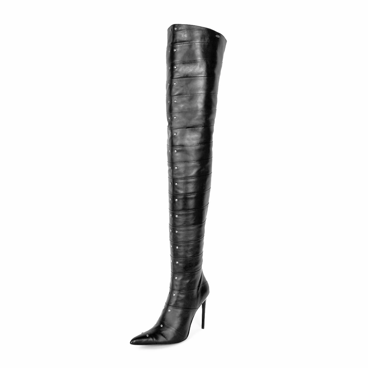 Thigh High Stiefel aus segmentiertem Leder und Stiletto Heels (Modell 160) Leder schwarz Stiefel Mit Tasche An Der Seite