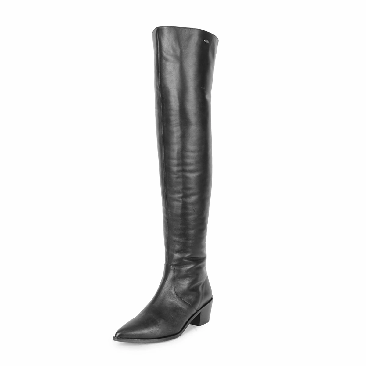 Stiefel 70er Jahre Spitzer Overkneestiefel mit flachem Absatz (Modell 180) Leder schwarz