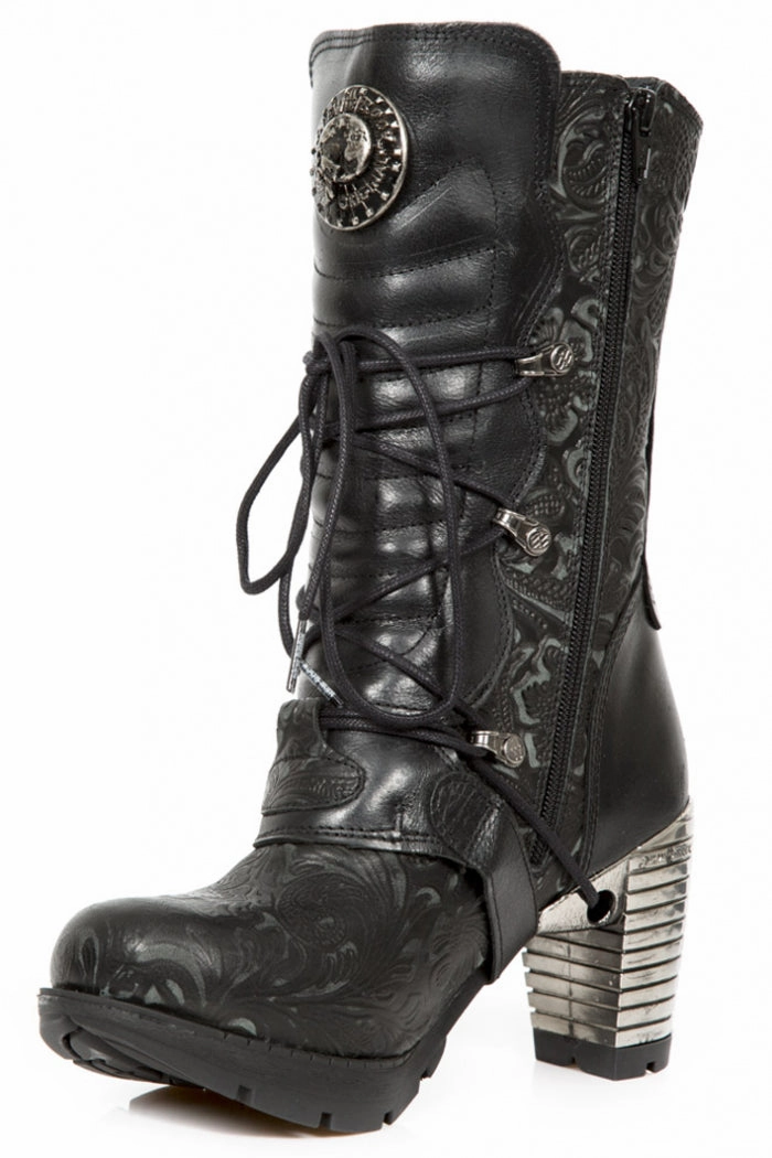 New Rock M-TR003-S8 Plateau Echtleder Brokat Boots Schwarz Janet Stiefel