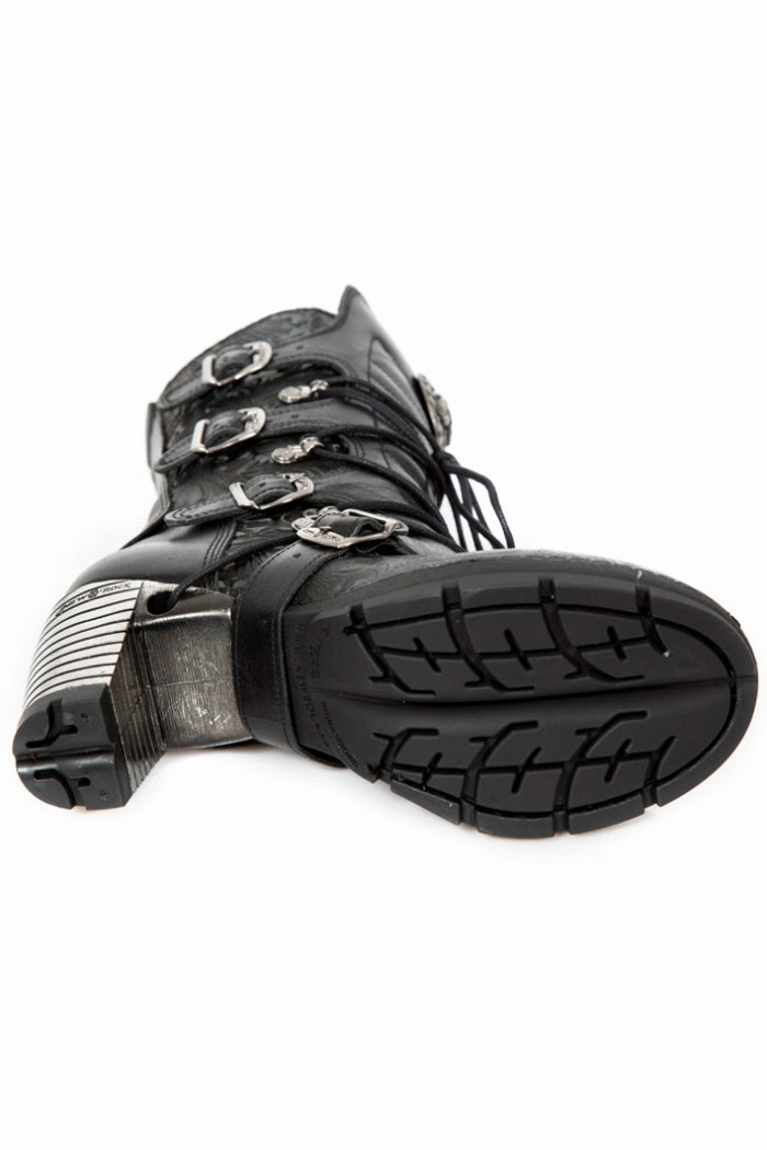 New Rock M-TR003-S8 Plateau Echtleder Brokat Boots Schwarz Zign Plateau Stiefel