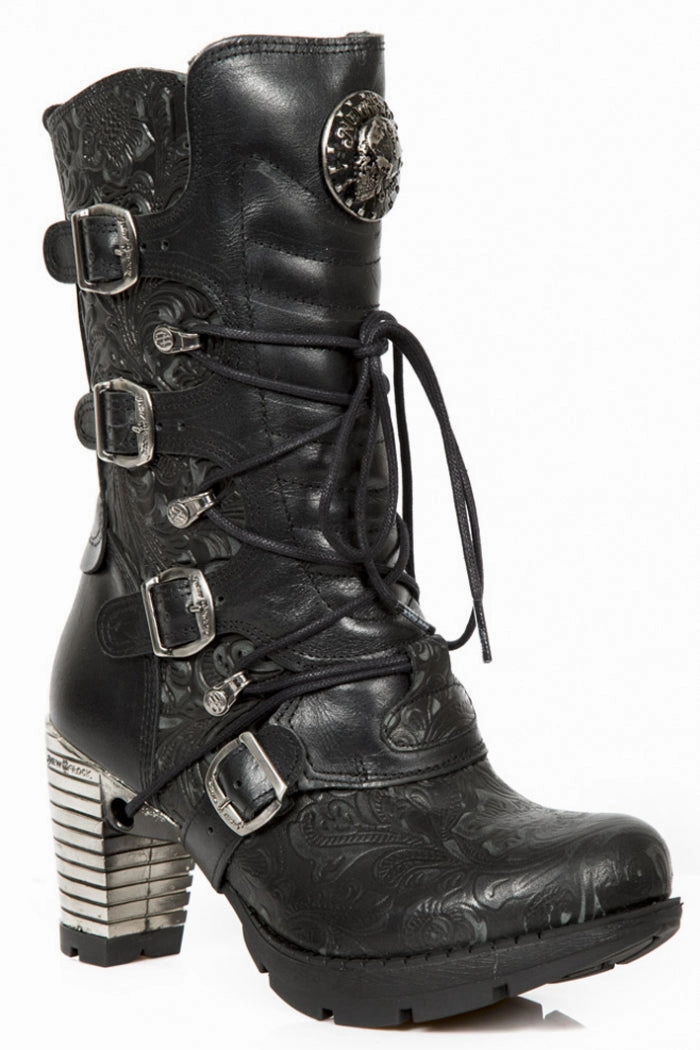 Handgemachte Stiefel New Rock M-TR003-S8 Plateau Echtleder Brokat Boots Schwarz