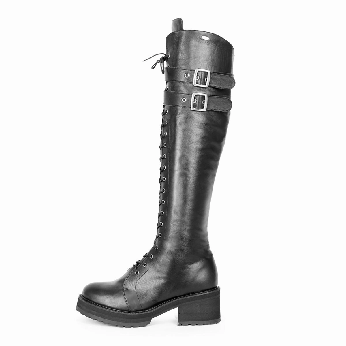 Stiefel im Combat/Gothic-Style kniehoch (Modell 470) Leder schwarz Overknee Stiefel Extra Langer Schaft
