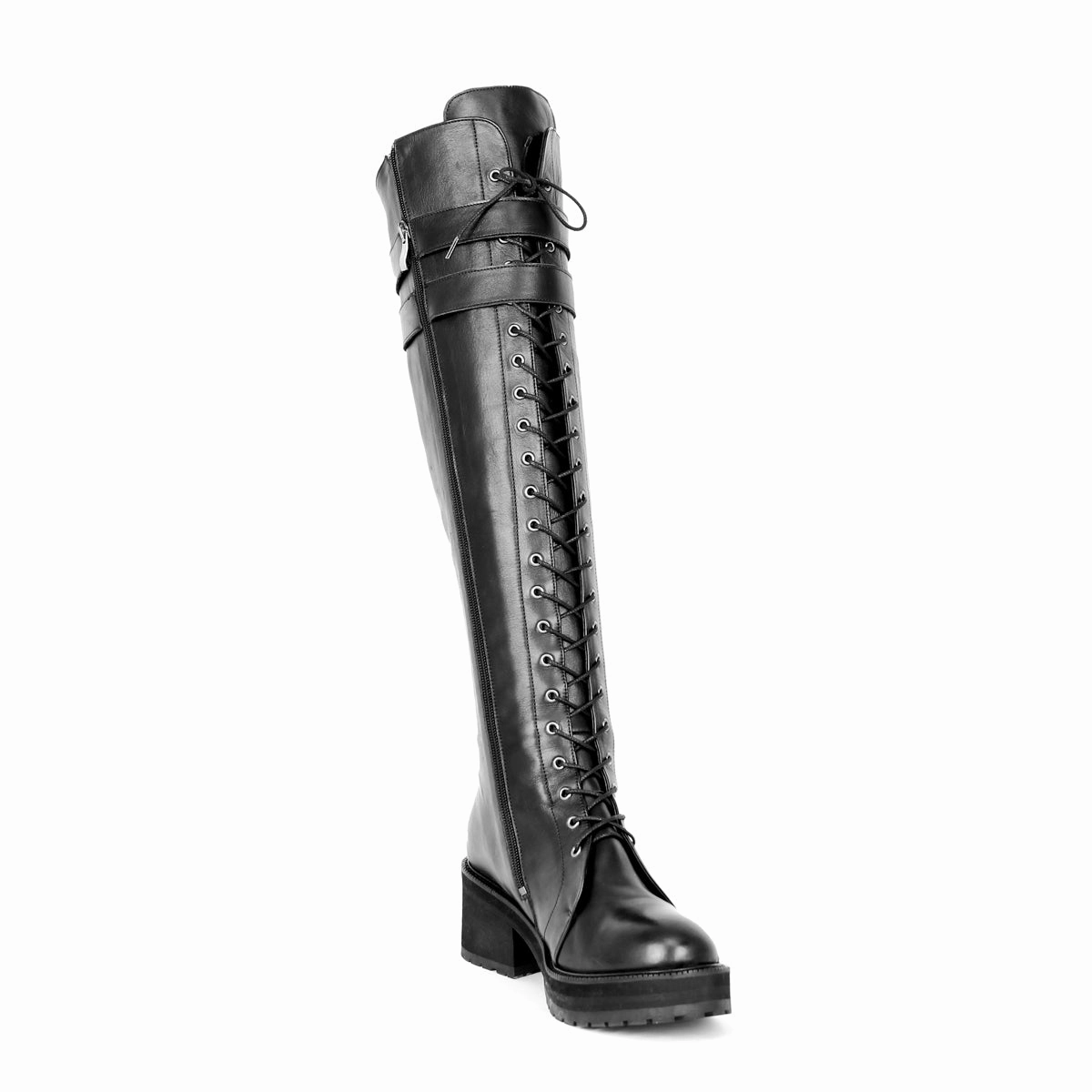 Stiefel im Combat/Gothic-Style kniehoch (Modell 470) Leder schwarz Stiefel Vintage Look