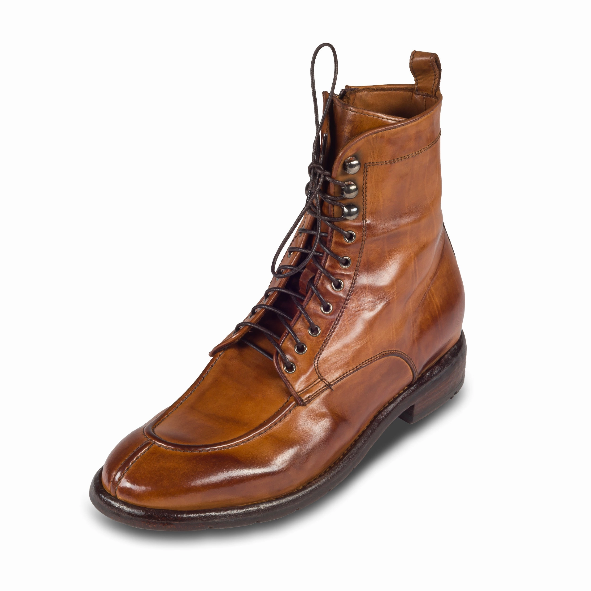Online Shoes Stiefeletten Echtleder LEMARGO Schnrstiefelette Herren mit Reiverschlu, cognac braun - Kalbsleder stone-washed, handgefertigt