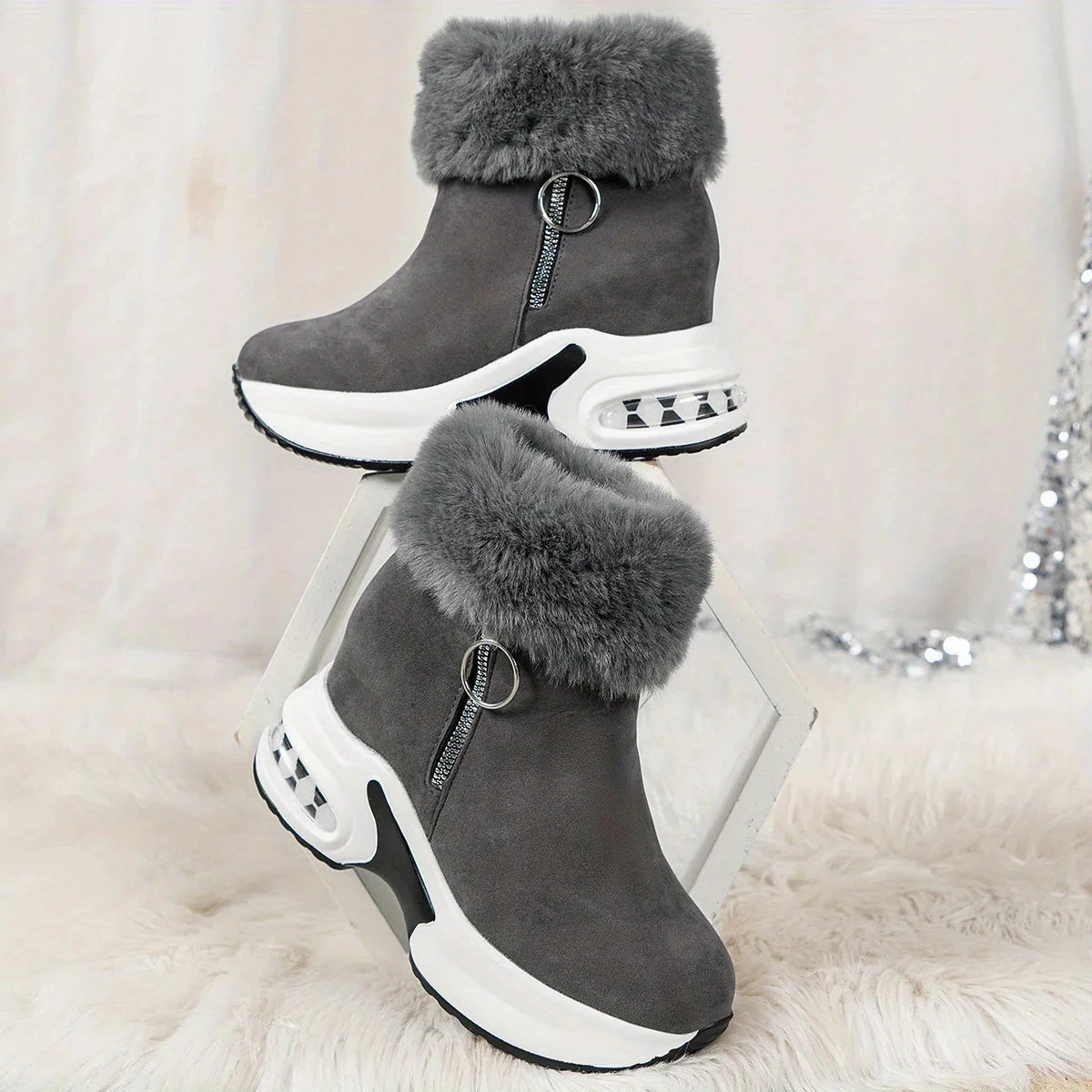 Damen Winter Sneakers mit seitlichem Reiverschluss und Plschfutter Stiefeletten Im Frühling