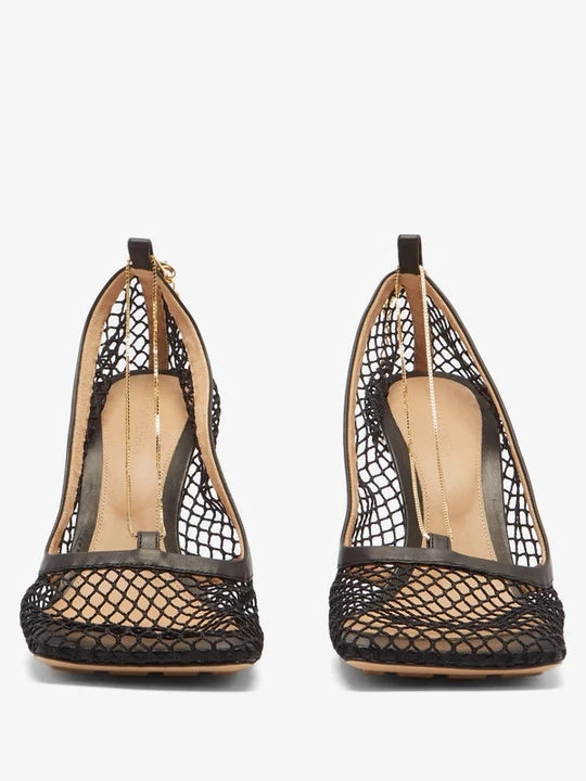 Chained-topline fishnet-vamp leather pumps Viking Stiefel Gefüttert