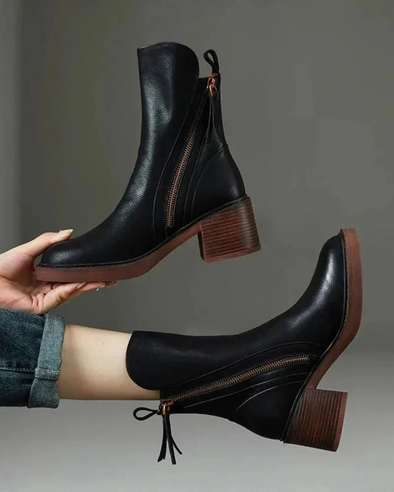 Damen Stiefeletten mit Reiverschluss und Blockabsatz Stiefeletten Lackleder