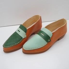TxT SALE. SIZE 37. THE PENNY. BB TOAST BASE.  MISMATCHED MINT AND AVOCADO MASK AND LAKE. 2CM. (DYE MARK ON LAKE- BCN61/999) Mahogany Loafers