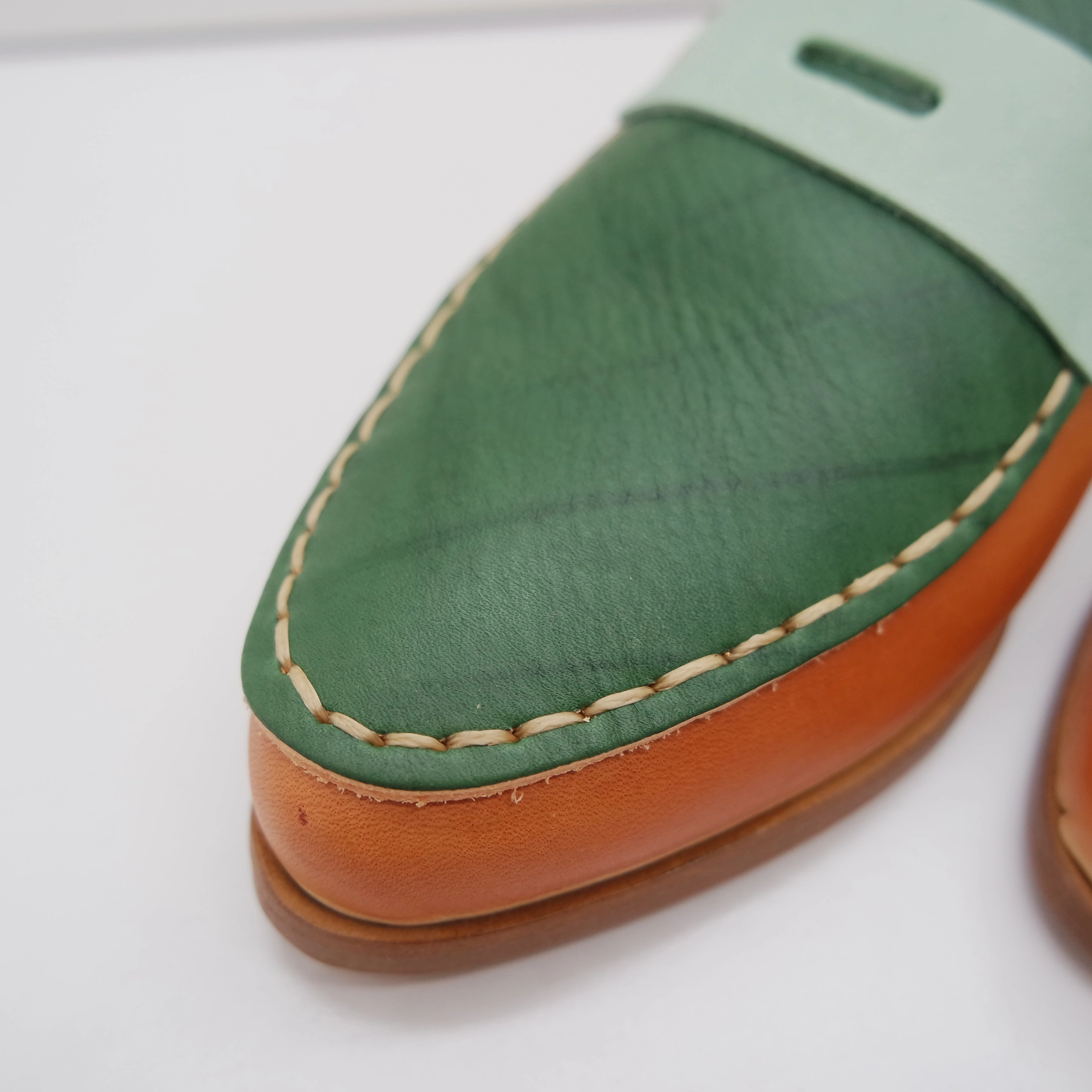 TxT SALE. SIZE 37. THE PENNY. BB TOAST BASE.  MISMATCHED MINT AND AVOCADO MASK AND LAKE. 2CM. (DYE MARK ON LAKE- BCN61/999) Butter Loafers