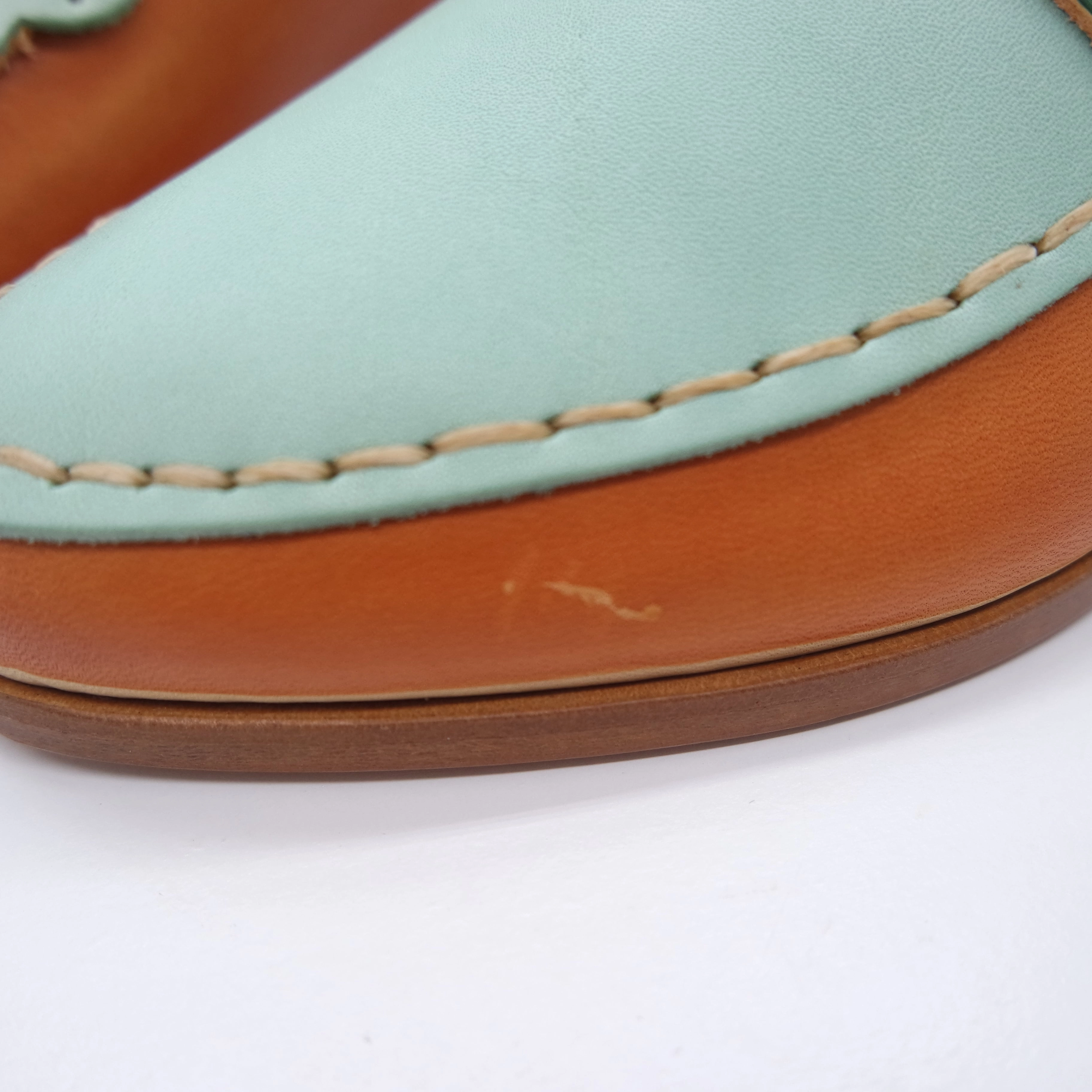 Pollini Loafers TxT SALE. SIZE 37. THE PENNY. BB TOAST BASE.  MISMATCHED MINT AND AVOCADO MASK AND LAKE. 2CM. (DYE MARK ON LAKE- BCN61/999)