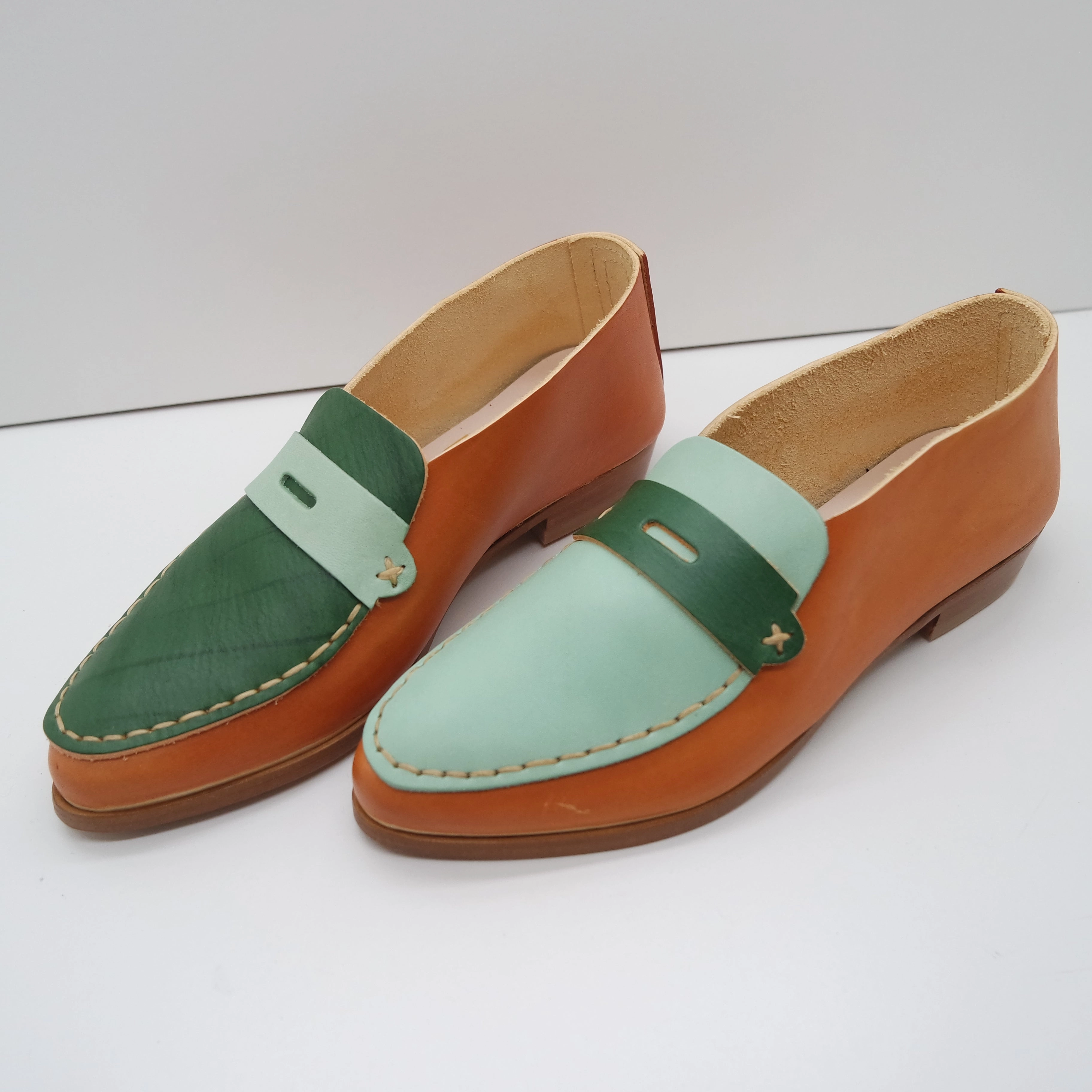 Camper Pink Loafers TxT SALE. SIZE 37. THE PENNY. BB TOAST BASE.  MISMATCHED MINT AND AVOCADO MASK AND LAKE. 2CM. (DYE MARK ON LAKE- BCN61/999)