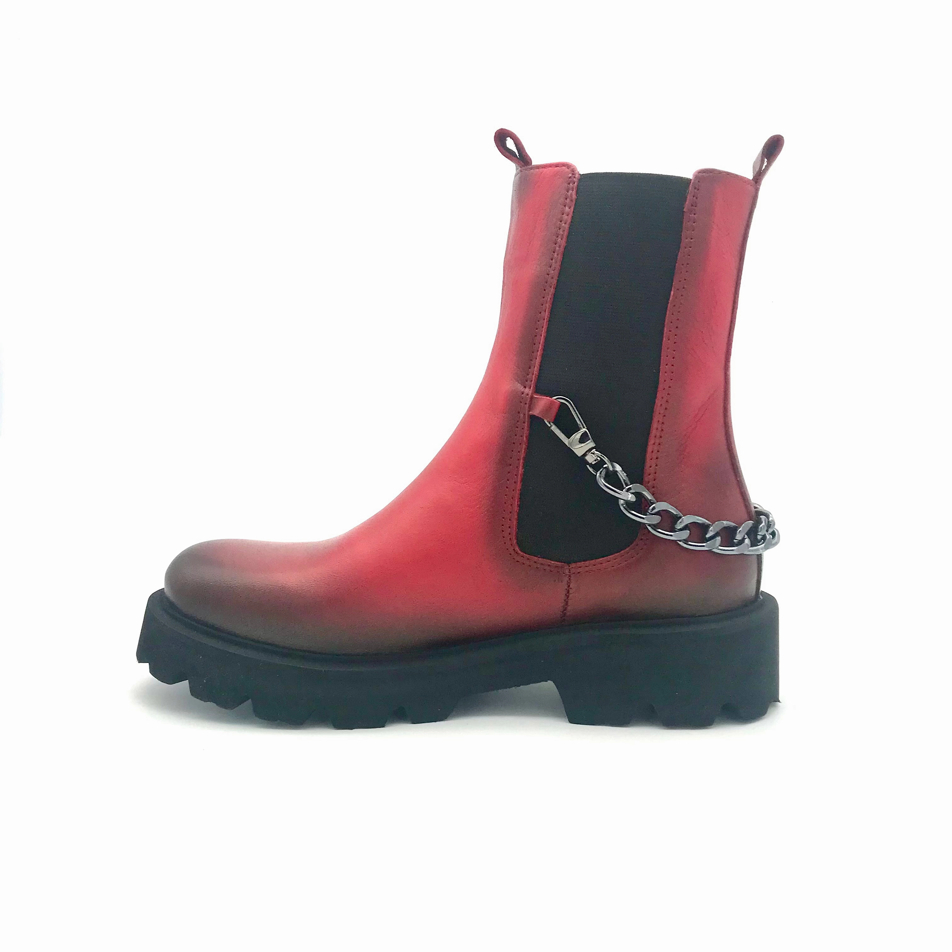 The Schuh Effekt Boots Stiefeletten Kette Chunky Rot Stiefeletten Kurzschaft