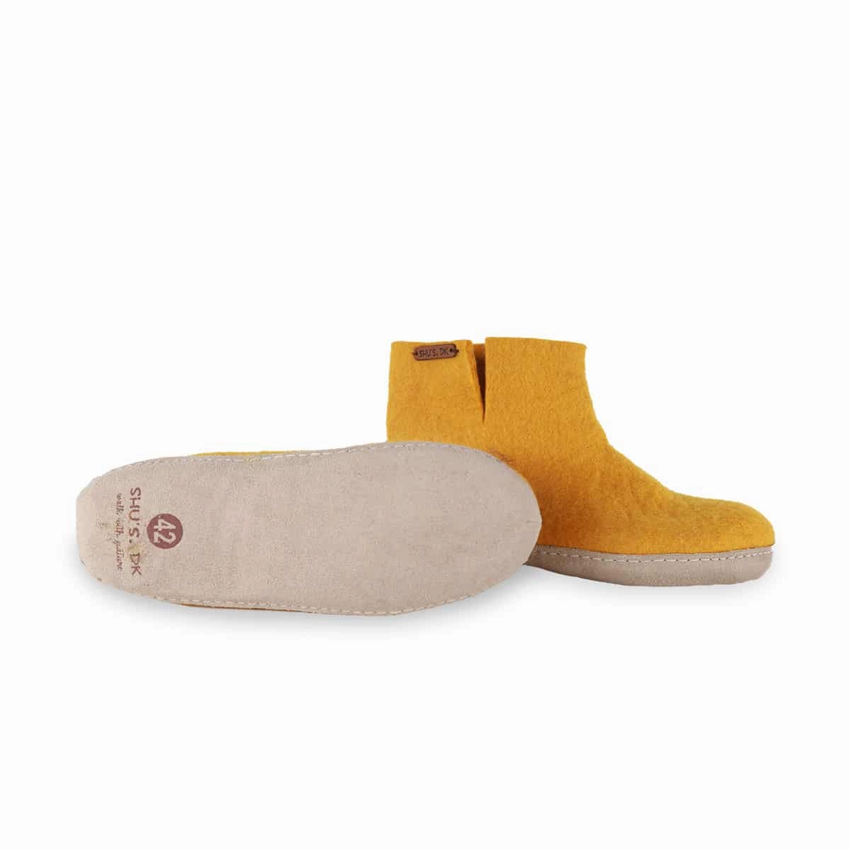 Wollstiefel (100% reine Wolle) - Modell curry gelb mit Ledersohle Uggs Pantoffeln