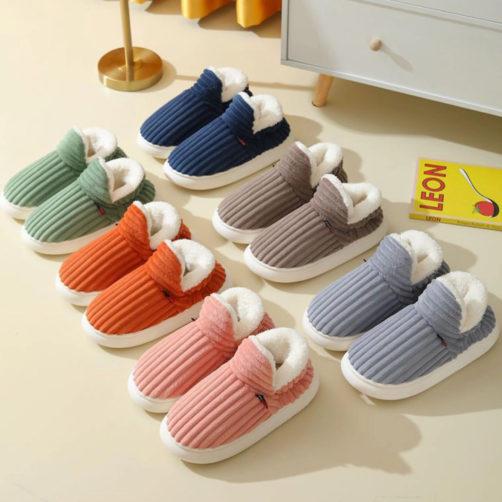 Warme Samt Winterhausschuhe mit Dicker Sohle fr Damen und Herren