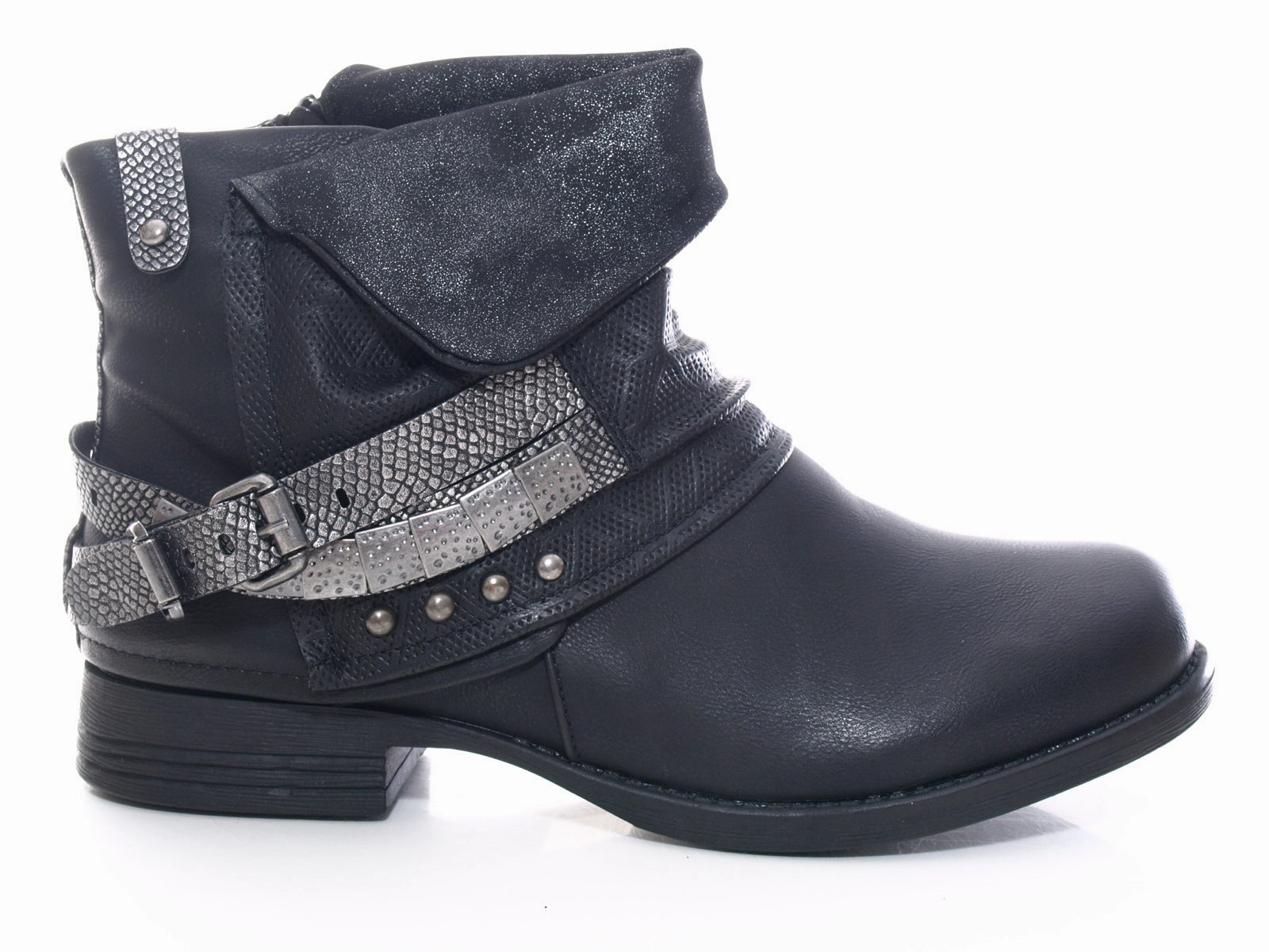 Leder Stiefeletten Flach Damen Stiefeletten Biker Boots Outdoor Winterboots warm gefttert Black # 3095