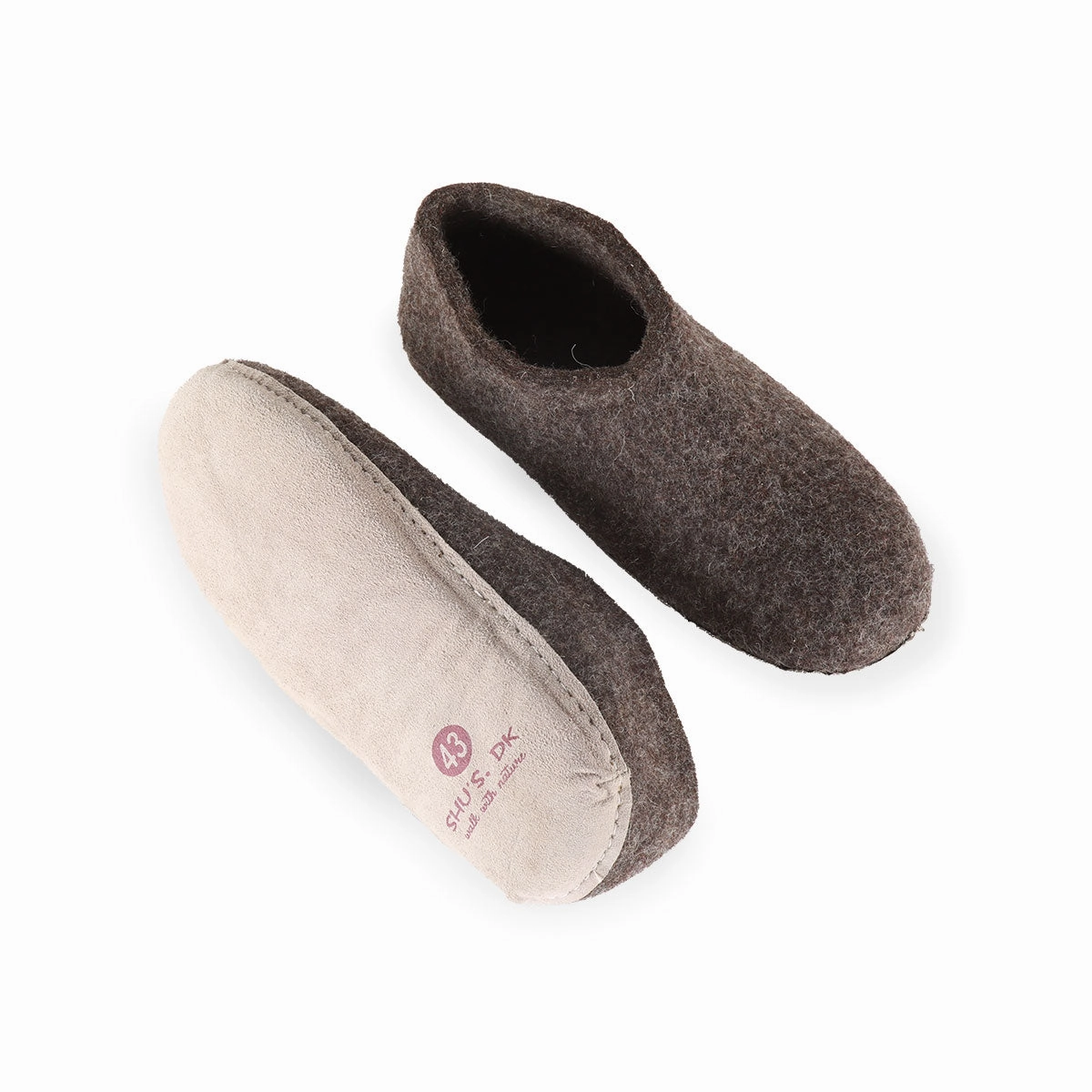 Wollhausschuhe (100% reine Wolle) - Modell Braun mit Ledersohle Pantoffeln Helle Sohle