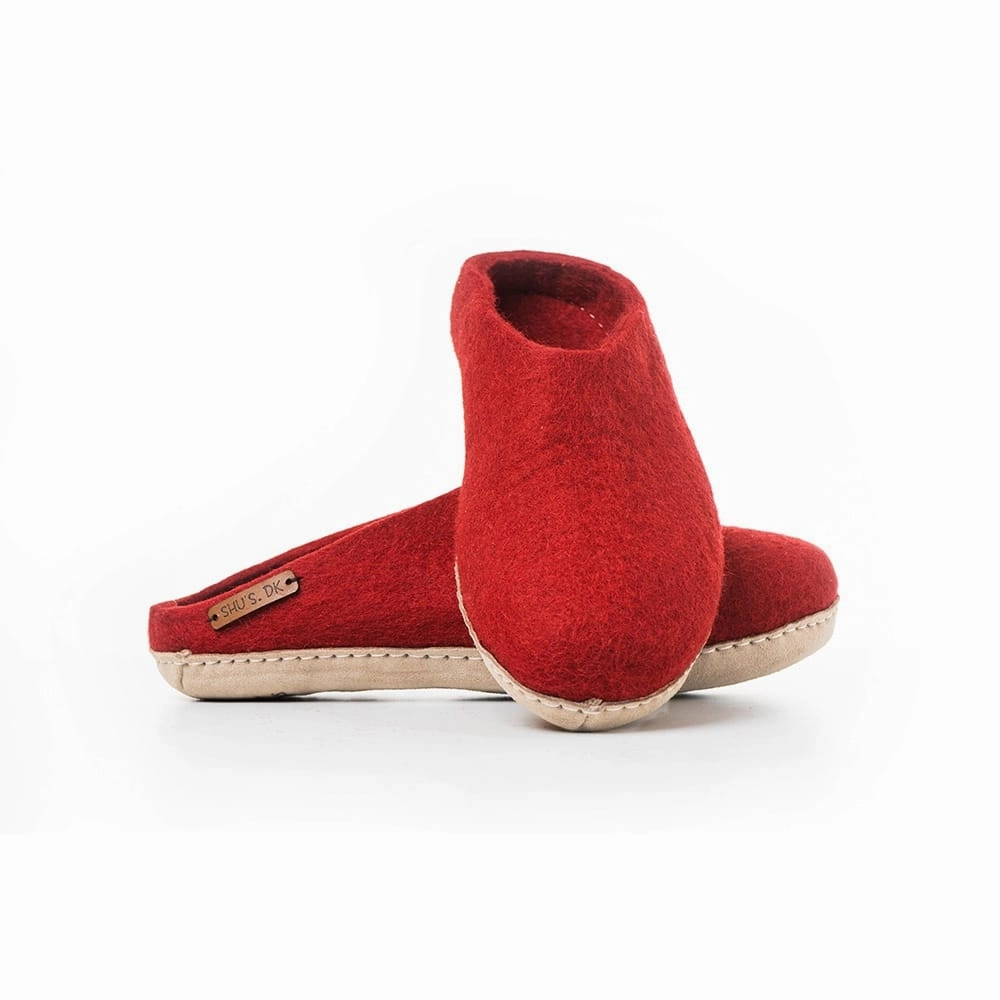 Wollpantoffel (100% reine Wolle) - Modell Rot mit Ledersohle Flauschige Pantoffeln