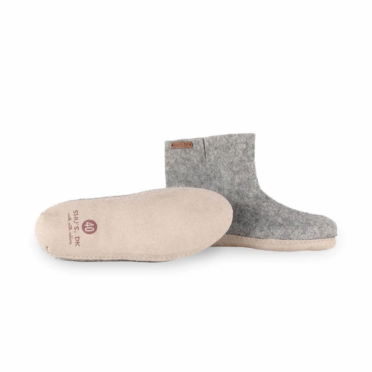 Pantoffeln Schaffell Wollstiefel (100% reine Wolle) - Modell Grau mit Ledersohle