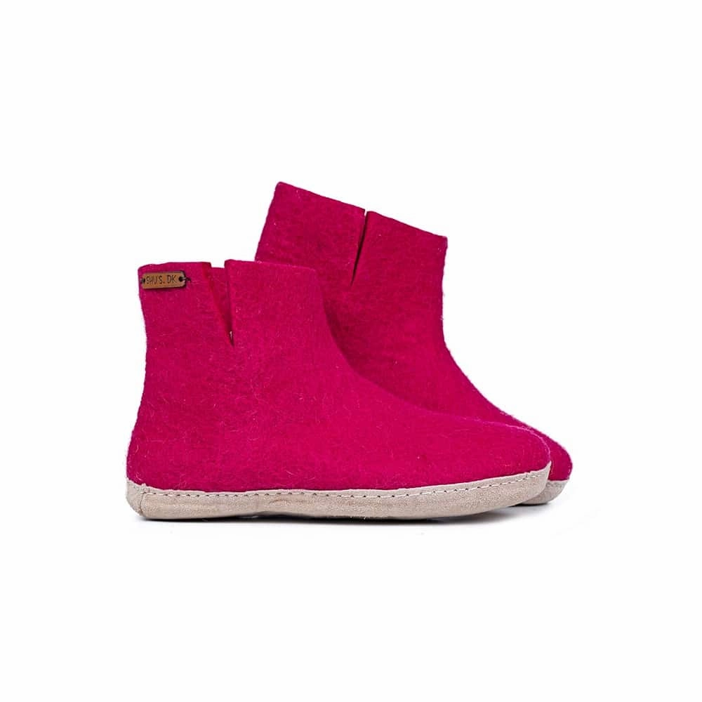 Pantoffeln Mit Wechselfussbett Wollstiefel (100% reine Wolle) - Modell Pink mit Ledersohle