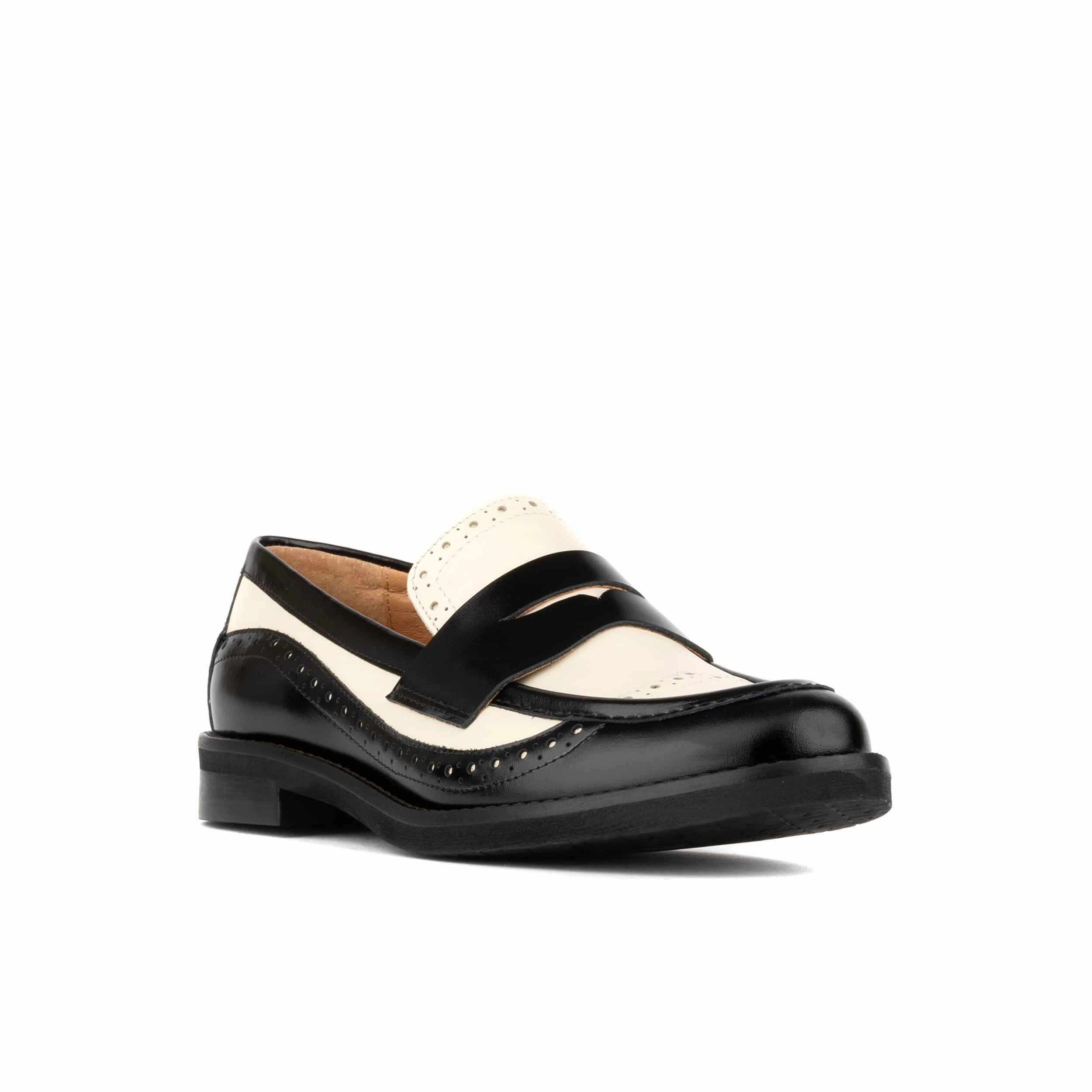 Oxblood Loafers Angelina - Black & Cream - Women's leather almond toe penny loafer with broguing